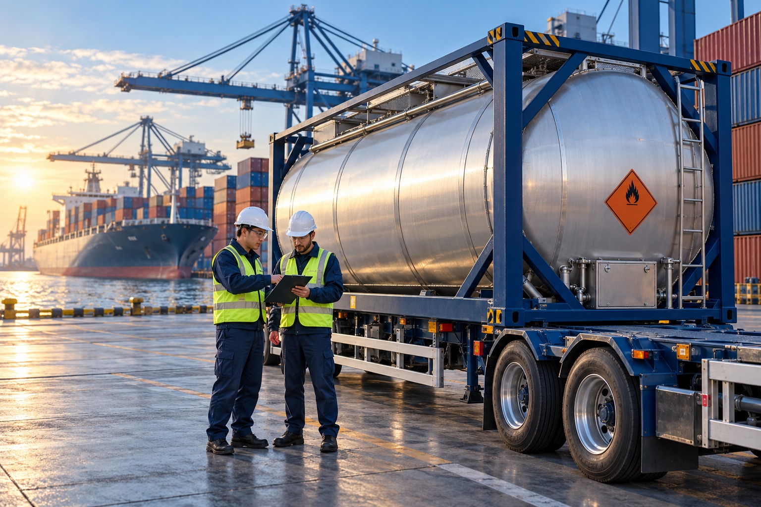 Industry illustration of an ISO tank container and safety professionals at a seaport.