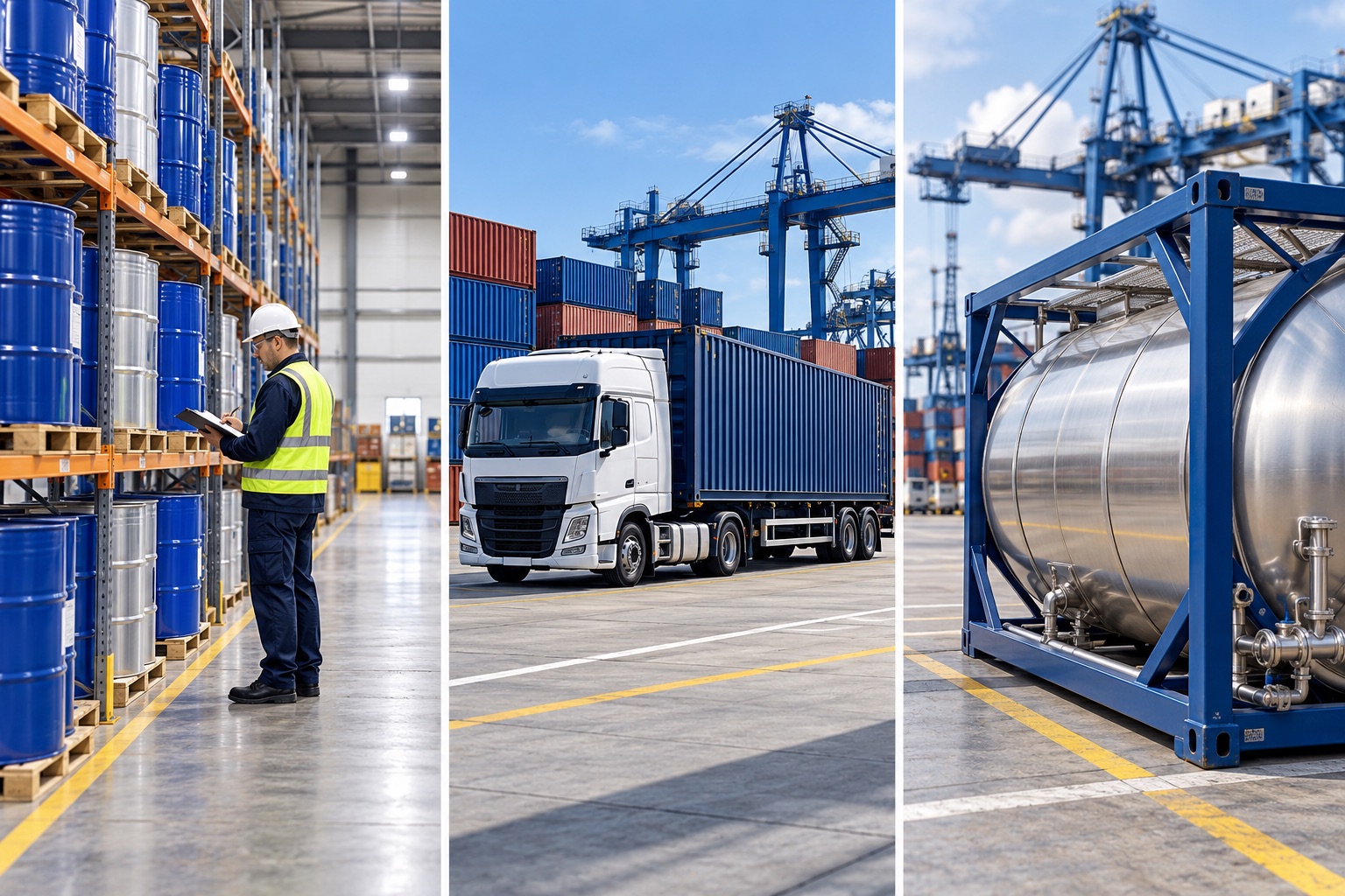 Industry illustration showing packaged chemical goods, a container truck and an ISO tank at a port.